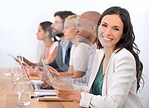 Diversity, group and portrait of a woman at meeting, workplace and teamwork. Smile, colleagues and business people for