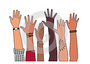 Diversity hands raised up illustration