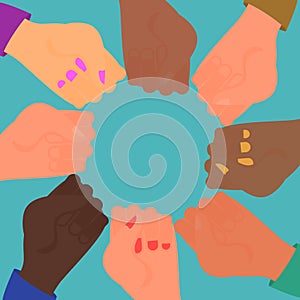 Diversity of human hands holding fists in circle. Blue background. Flat vector illustration