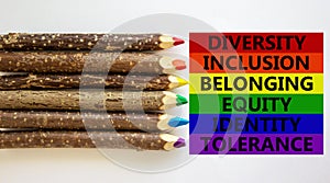 Diversity inclusion belonging equity identity tolerance words written on beautiful white background. Wooden pencils. Diversity,