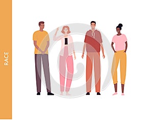 Diversity and inclusion concept. Vector flat character illustration. Multi ethnic and different skin tone group of cheerful male