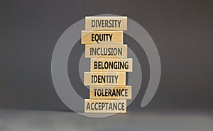 Diversity, inclusion symbol. Diversity belonging inclusion equity identity tolerance acceptance words on blocks. Beautiful grey