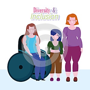 Diversity and inclusion, woman on wheelchair short stature girl and curvy body girl