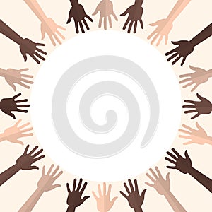 Diversity, multi coloured hands in a circle, isolated, vector illustration
