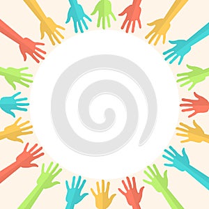 Diversity, multi coloured hands in a circle, isolated, vector illustration