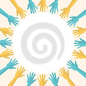 Diversity, multi coloured hands in a circle, isolated, vector illustration