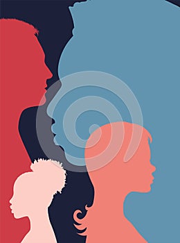 Diversity multi-ethnic and multiracial people poster. Silhouette profile group of men and women of diverse culture. Concept of rac