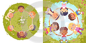 Diversity multinational group of happy friends dance in circle set, kids holding hands