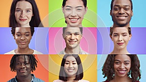 Diversity of people. Mosaic collage of happy multiethnic men and women smiling to camera over colorful background