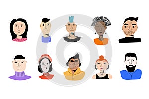 Diversity people portraits vector illustration. Quirky avatar collection.