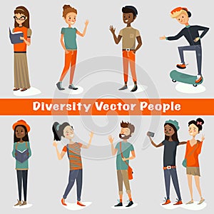 Diversity people vector illustration of a group of young adults talking, smiling, laughing, reading, traveling, taking selfies. photo