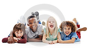 Diversity, portrait of happy children and smiling together in a white background. Happiness or excited, group of friends