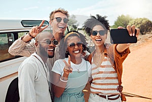 Diversity, selfie and friends on road trip adventure in a countryside taking a picture on phone. Travel, holiday and
