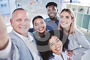 Diversity, selfie and office team friends together in workplace pose for friendly photograph. Unity, happiness and trust