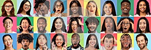 Diversity. Set Of Multiethnic People With Different Face Expressions Over Colorful Backgrounds