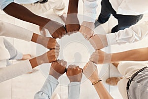 Diversity, solidarity and hands of business people in circle for teamwork, collaboration and synergy for team building