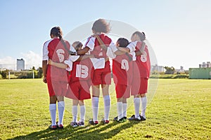 Diversity, sports girl and soccer field training for youth competition match playing at stadium grass. Young athlete