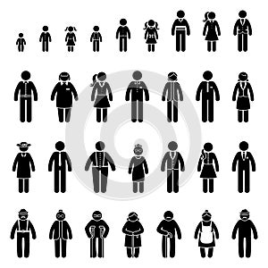 Diversity stick figure people vector illustration set. Different generation big crowd family stickman icon pictogram