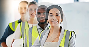Diversity, team and portrait of engineering employees standing in an industrial office. Industry workers working on a