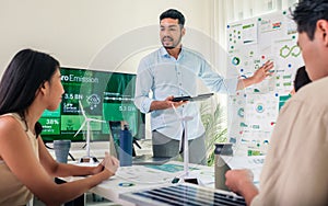 diversity team presentation in ESG sustainability business goals sdgs in green office photo