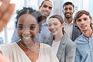 Diversity team selfie, happy together and support with a group of business people and professional colleagues. Portrait