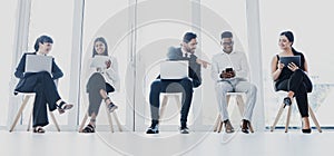 Diversity, teamwork and digital device to connect or communication or workplace and modern office. Conversation