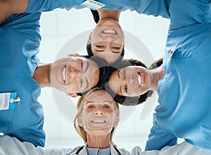 Diversity, teamwork or faces of nurses in huddle with a happy smile collaboration for healthcare goals. Trust, team