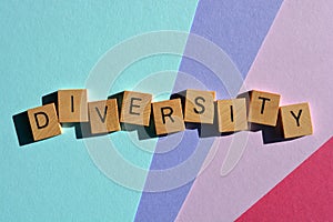 Diversity, word in 3D wooden alphabet letters isolated on colour background