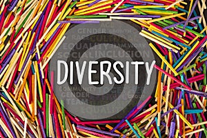 Diversity words collage with multi coloured matchsticks around