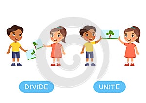 Divide and unite antonyms word card, Opposites concept. Flashcard for English language learning.