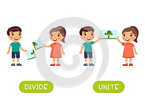 Divide and unite antonyms word card vector template. Opposites concept.