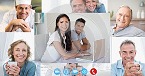 Divided computer screen showing multi ethnic coworkers working remotel photo