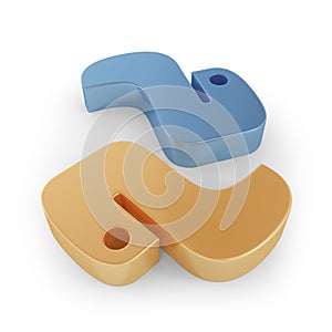 Divided python logo on white background. Blue and yellow colors. 3d rendering.