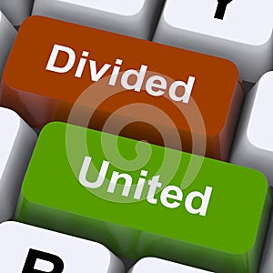 Divided And United Keys Show Partnership Or Teamwork