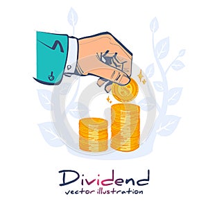 Dividend concept. Improve profit. Man hold in hand gold coin