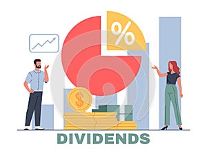 Dividend concept. Man and woman thinking about investments. Chart with percent, stack of coins. business company profit