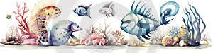 Divider colorful cute fish, water waves, bubbles and splashes, watercolor style, multicolor composition on off white