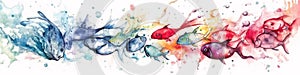 Divider colorful fish, water waves, bubbles and splashes, watercolor style, multicolor panoramic banner, divider on off