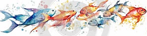 Divider colorful fish, water waves, bubbles and splashes, watercolor style, multicolor panoramic banner, divider on off