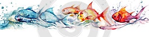 Divider colorful fish, water waves, bubbles and splashes, watercolor style, multicolor panoramic banner, divider on off white