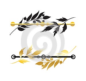 Dividers golden and black with florish elements. Decorative dividers gold color. Ornate frames and scroll elements.