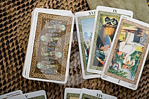 Divination card Tarot set up. close up