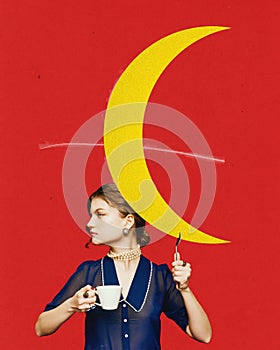 Contemporary surreal art collage, design. Young woman with moon goddess symbol isolated over red. Concept of witch photo
