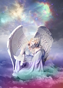 Divine angel archangel with dove over mystic sky