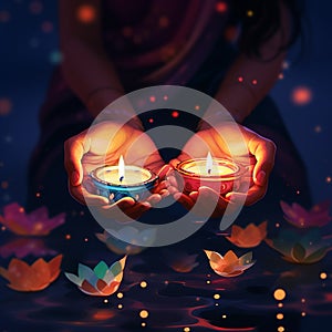 Divine Diwali - Hands holding diyas (lamps) during the Diwali festival