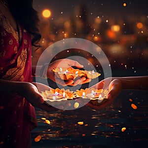 Divine Diwali - Hands holding diyas (lamps) during the Diwali festival