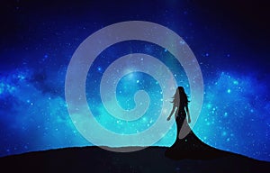 Divine feminine, goddess silhouette, meditation under stars