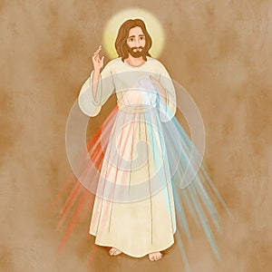 Divine Mercy of Jesus character, rays of light are emanating from her sacred heart