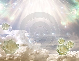 Divine rays of angelic Light with romantic clouds and white roses