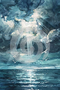 Divine rays shine down through clouds, casting light on a quiet ocean surface